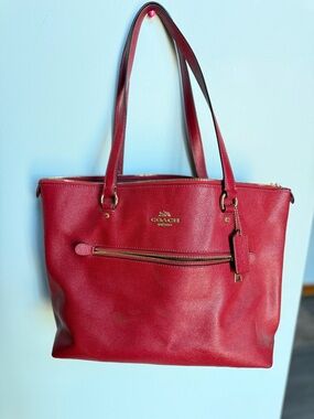 Coach Red Leather Tote with Front Zip and Gold Hardware